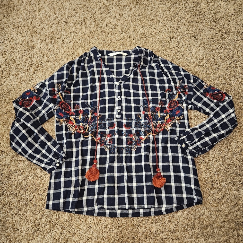 Zara Trafaluc Collection Blouse Blue Plaid Embroidered Womens Size Small